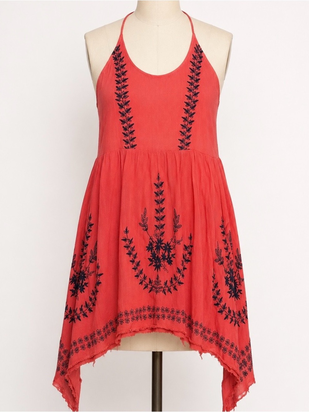 Free People M Coral Salmon Embroidered Handkerchief Hem Tunic Dress